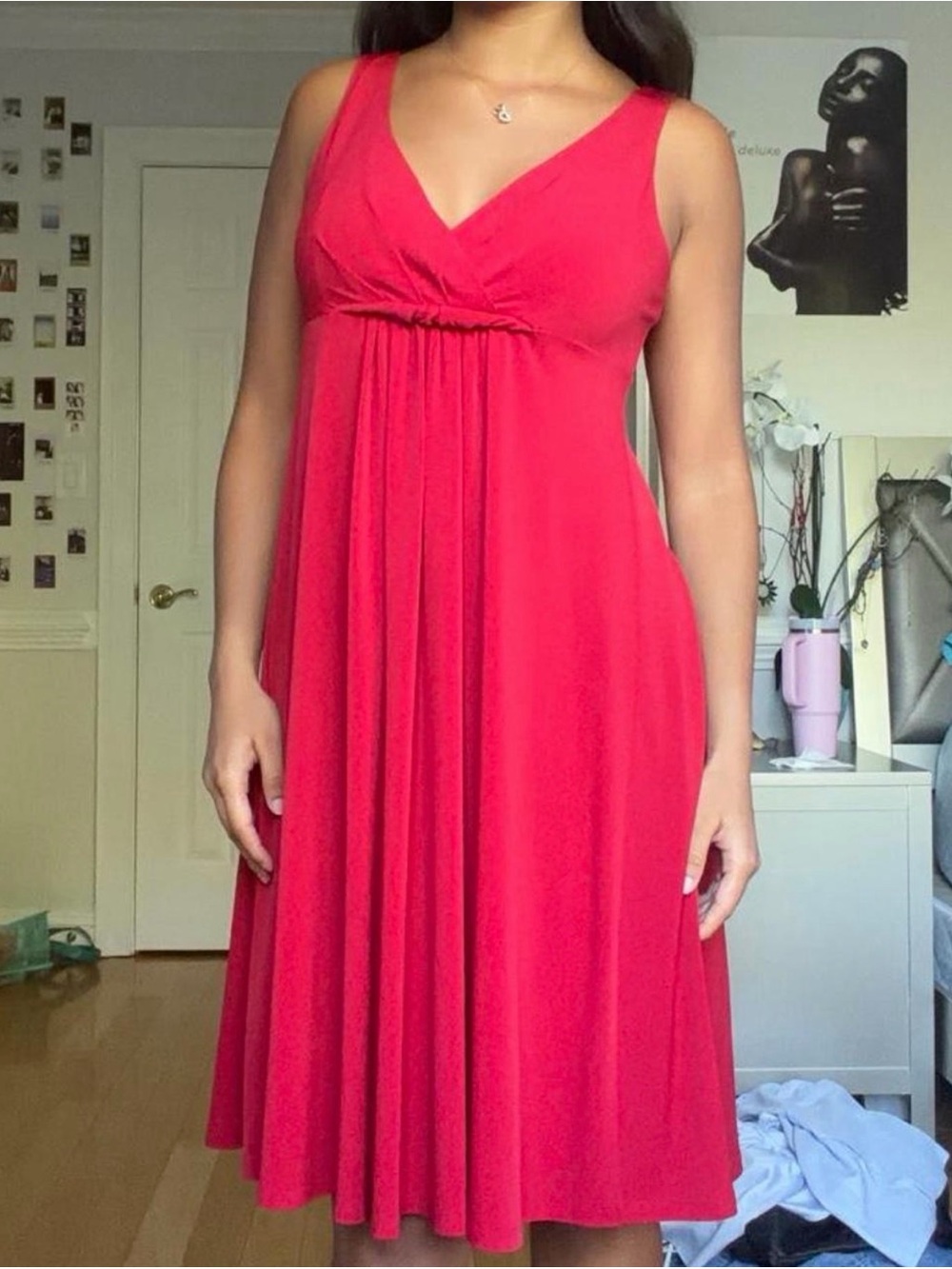 Red V-Neck Midi Dress with Empire Waist - Women